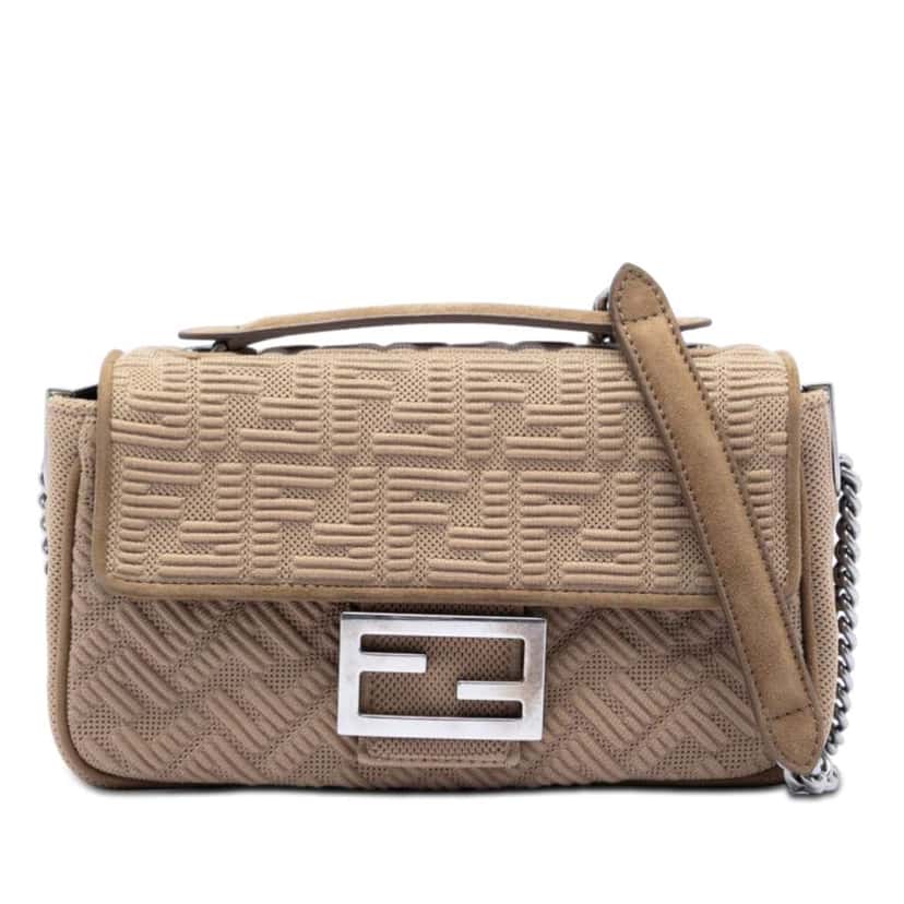 Fendi Zucca Embossed Technical Fabric Chain Midi Baguette Beige Very good condition - Front View