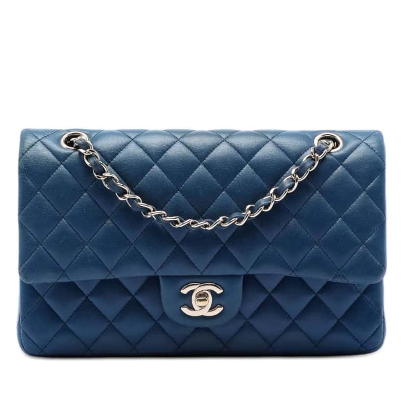 Chanel Medium Classic Lambskin Double Flap Blue Leather Very good condition - Front View