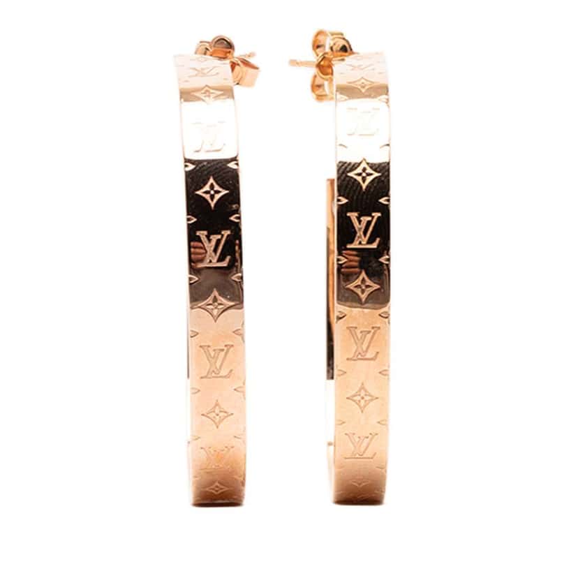 Louis Vuitton Rose Gold Plated Nanogram Hoop Push Back Earrings Pink Rose Gold Very good condition - Front View