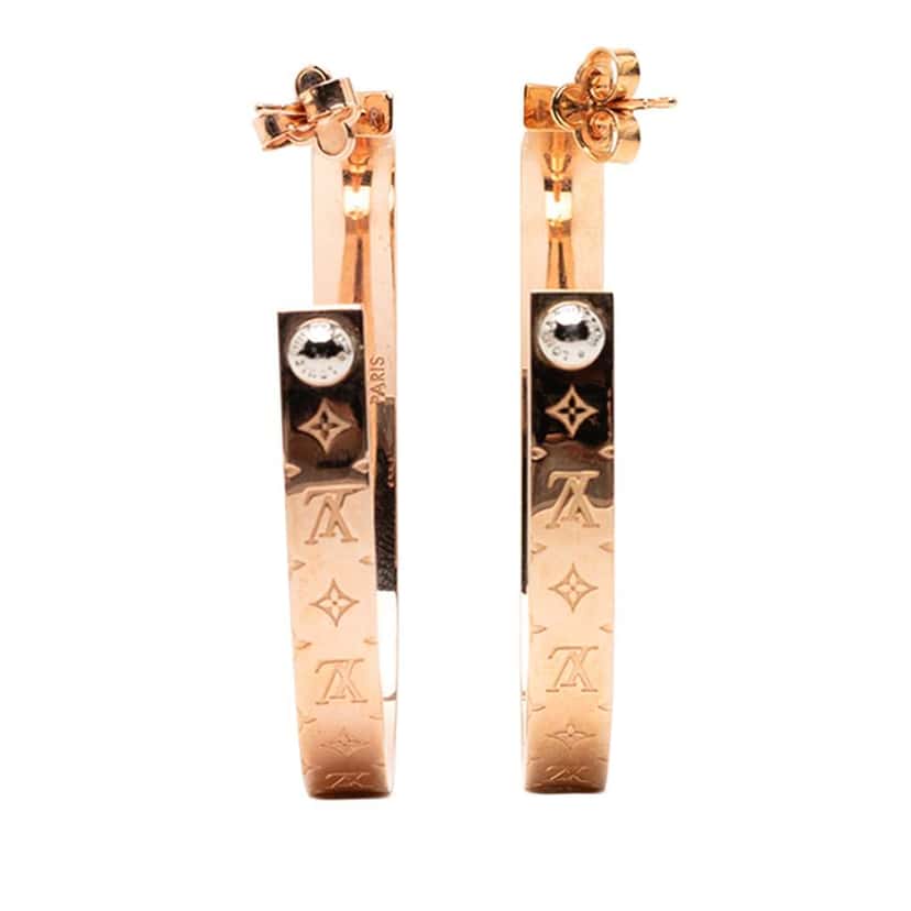 Louis Vuitton Rose Gold Plated Nanogram Hoop Push Back Earrings Pink Rose Gold Very good condition - Back View