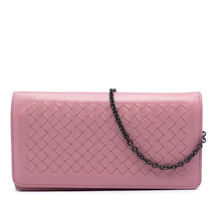 Bottega Veneta Nappa Intrecciato Continental Wallet on Chain Pink Leather Very good condition - Front View