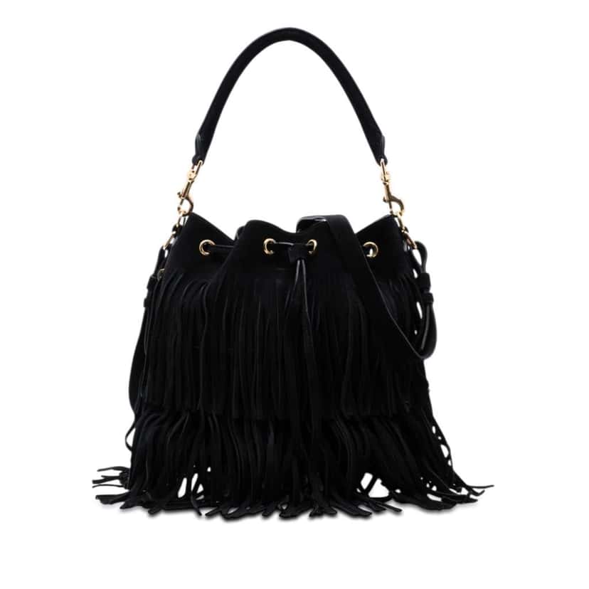 Saint Laurent Small Suede Emmanuelle Fringe Bucket Bag Black Leather Very good condition - Front View