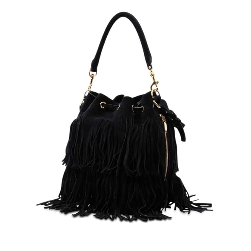 Saint Laurent Small Suede Emmanuelle Fringe Bucket Bag Black Leather Very good condition - Back View