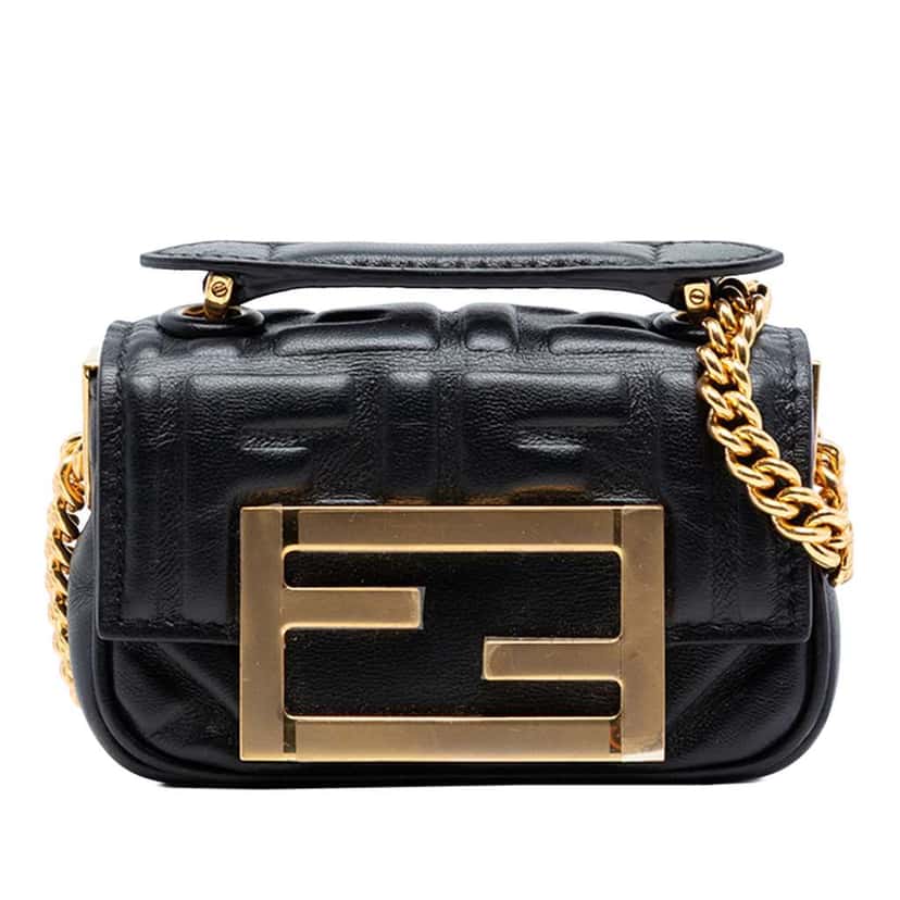 Fendi Nano Zucca Embossed Leather Baguette Chain Bag Black Leather Very good condition - Front View