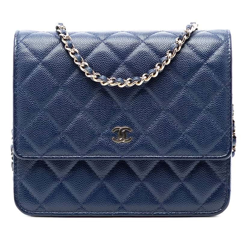 Chanel CC Square Quilted Caviar Wallet on Chain Blue Leather Very good condition - Front View