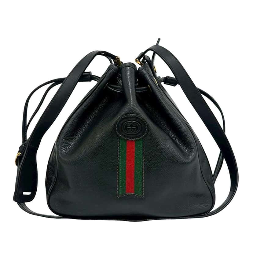 Gucci Leather Web Bucket Bag Black Leather Very good condition - Front View