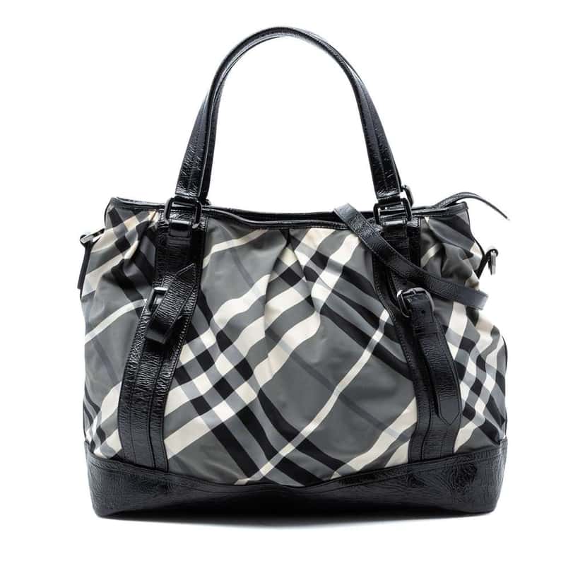 Burberry Large Beat Check Nylon Lowry Satchel Grey Very good condition - Front View