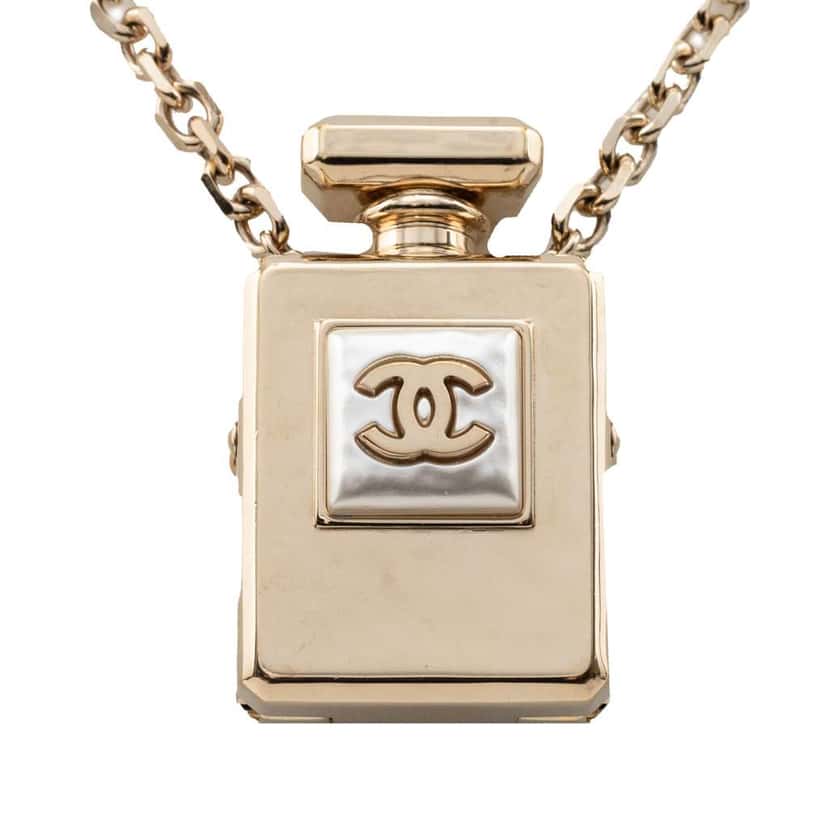 Chanel CC Gold Plated Perfume Bottle Locket Pendant Necklace Gold Metal Very good condition - Inside View