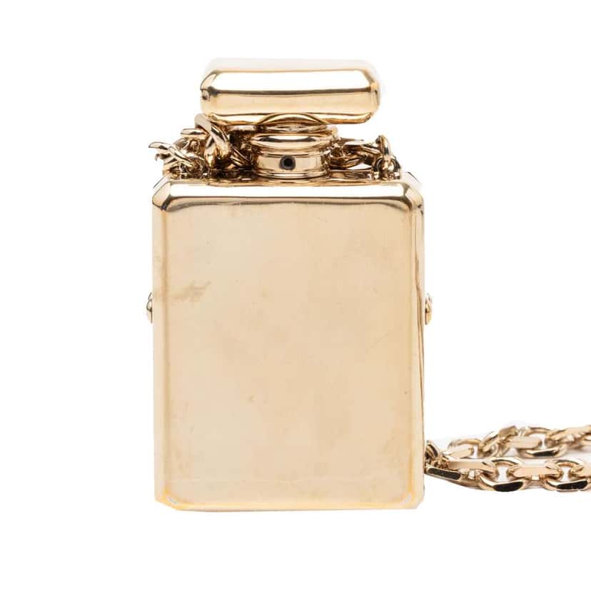 Chanel CC Gold Plated Perfume Bottle Locket Pendant Necklace Gold Metal Very good condition - Model View