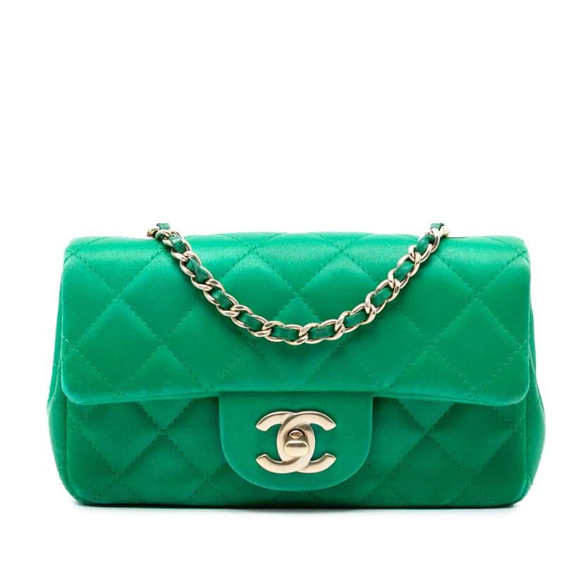 Chanel Extra Mini Rectangular Classic Satin Single Flap Green Satin Very good condition - Front View