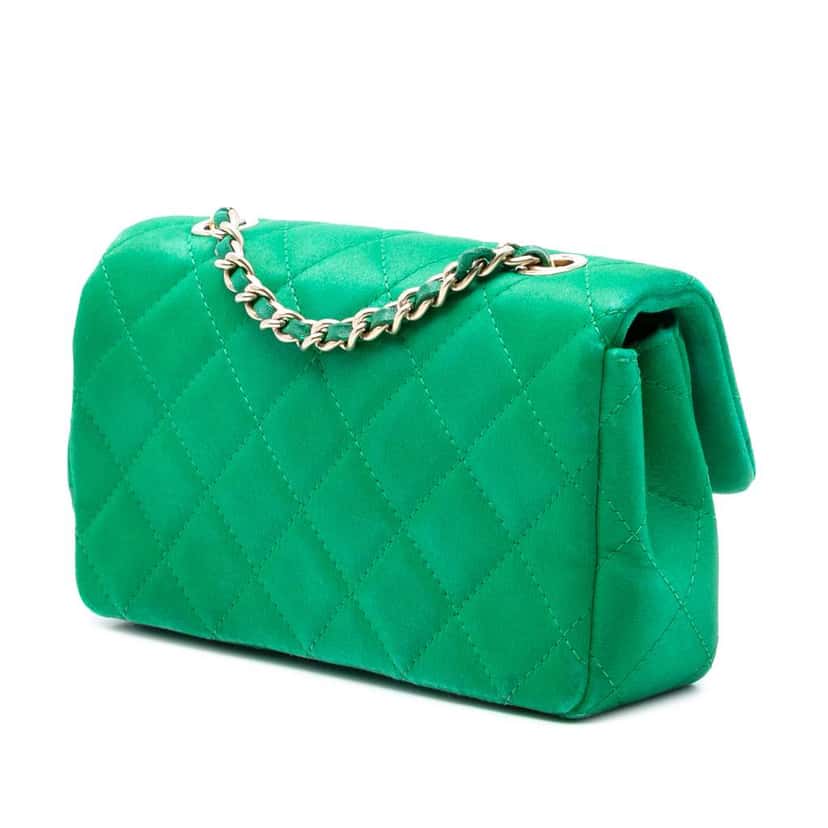 Chanel Extra Mini Rectangular Classic Satin Single Flap Green Satin Very good condition - Back View