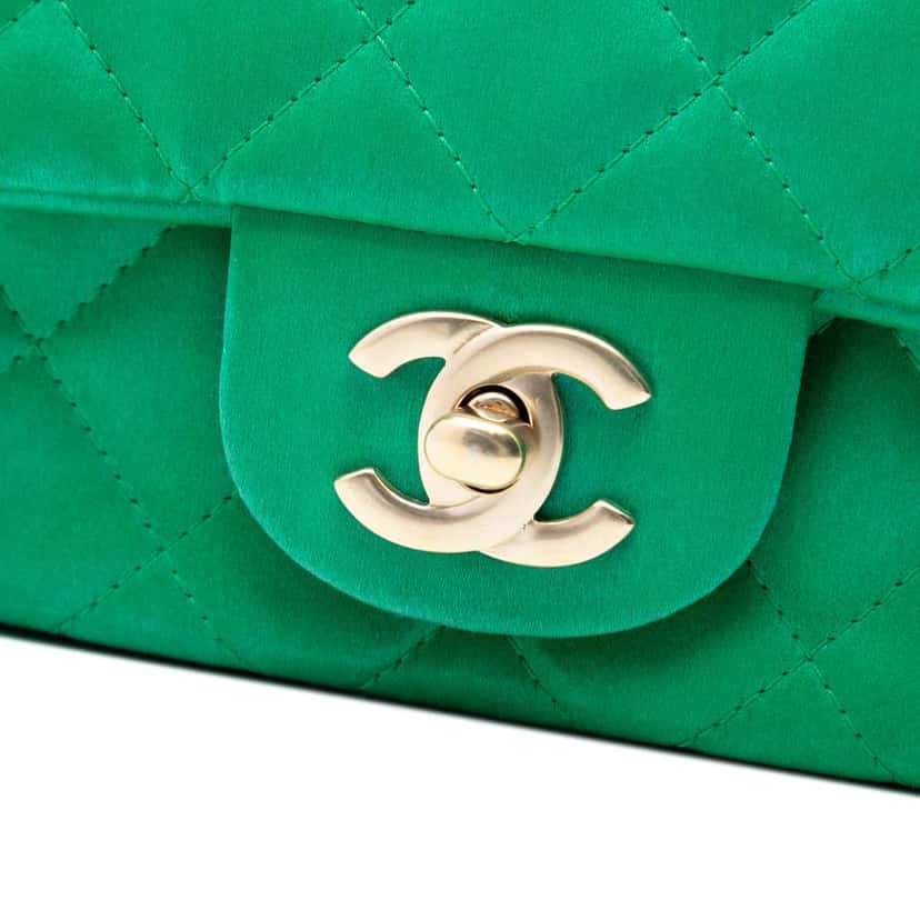 Chanel Extra Mini Rectangular Classic Satin Single Flap Green Satin Very good condition - Box View