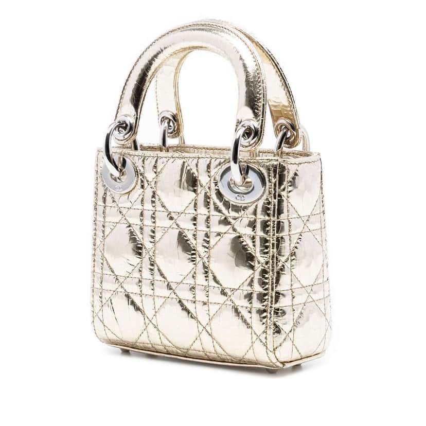 Dior Micro Metallic Crinkled Calfskin Cannage Lady Dior Gold Leather Very good condition - Back View