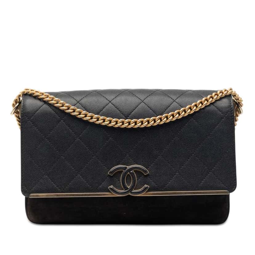 Chanel CC Stitched Caviar and Suede Lady Coco Flap Black Leather Very good condition - Front View