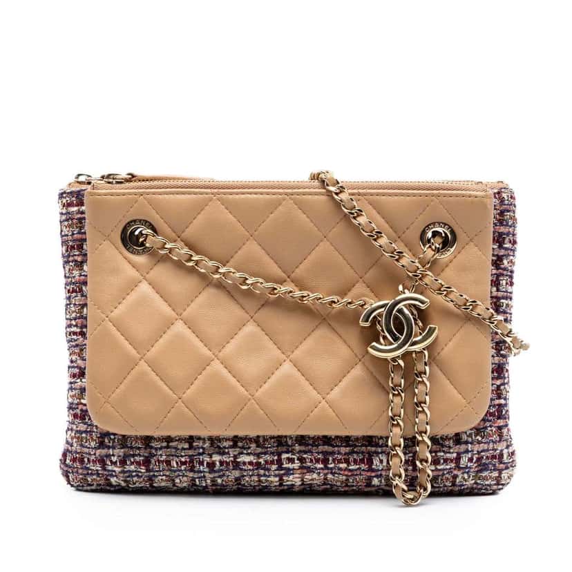 Chanel Quilted Lambskin and Tweed Double Case with Chain Brown Leather Very good condition - Front View