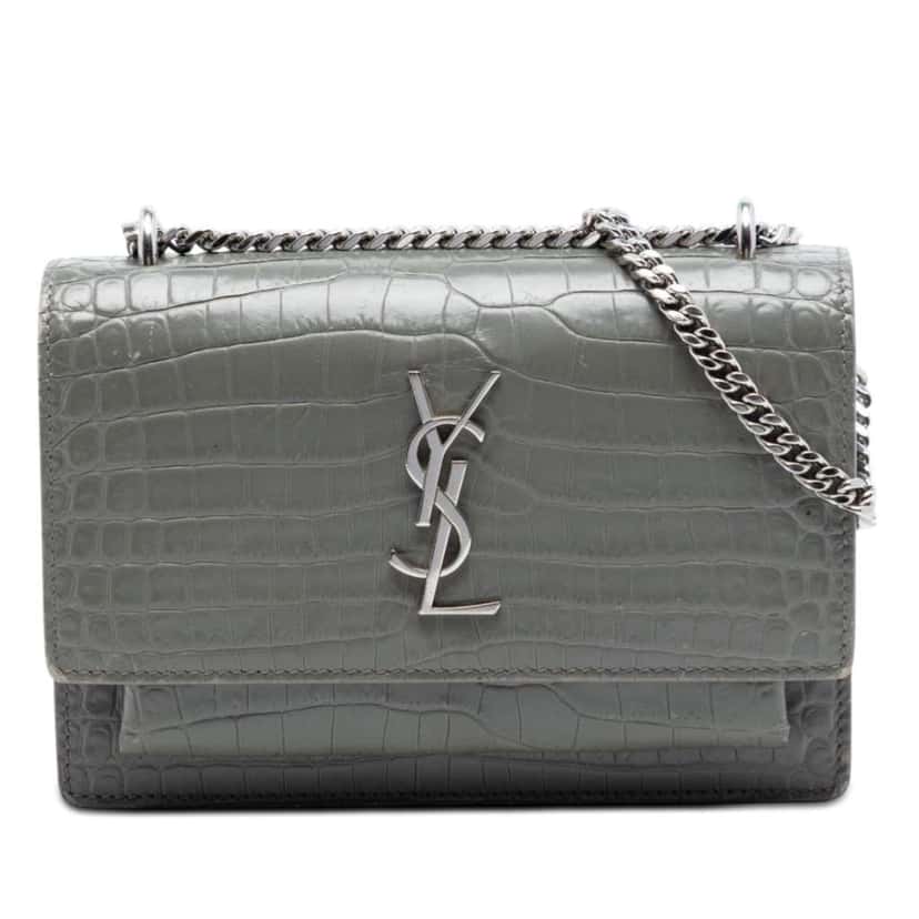 Saint Laurent Mini Croc Embossed Leather Monogram Sunset Wallet on Chain Grey Leather Good condition - Front View