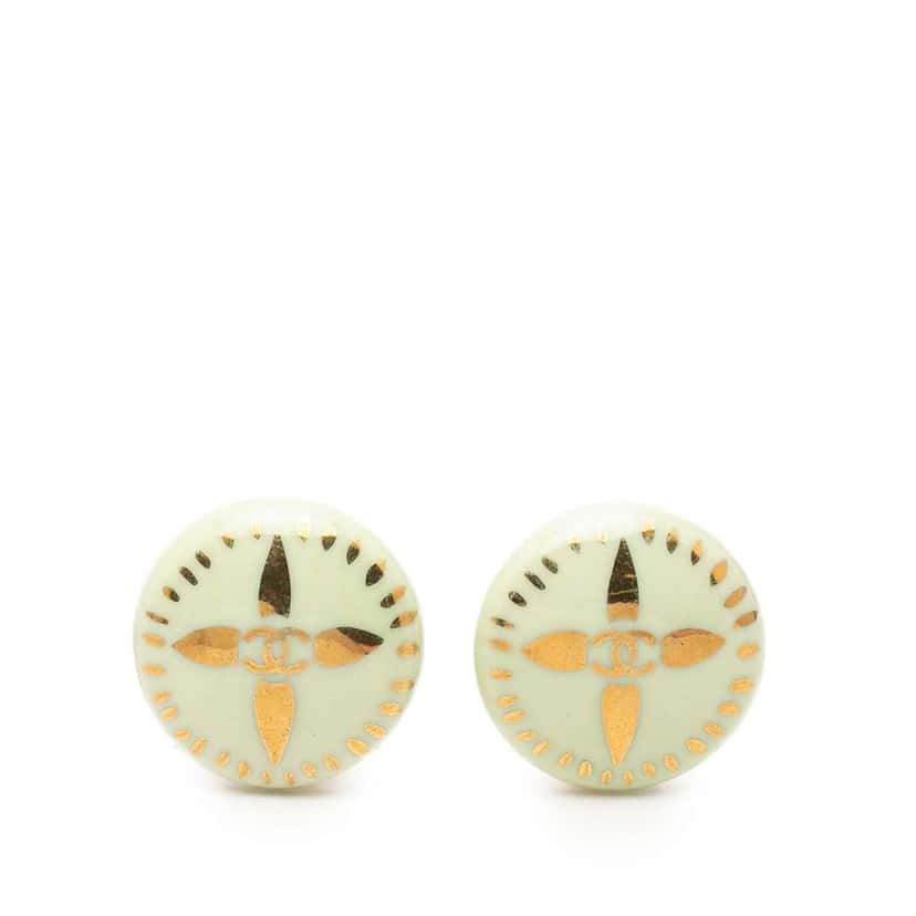 Chanel CC Resin and Gold Plated Round Clip on Earrings White Very good condition - Front View