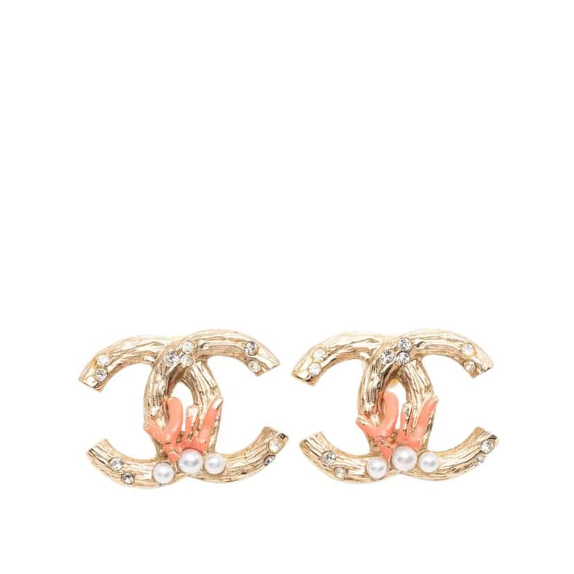 Chanel CC Gold Plated Faux Pearl Strass Push Back Earrings Gold Metal Very good condition - Front View