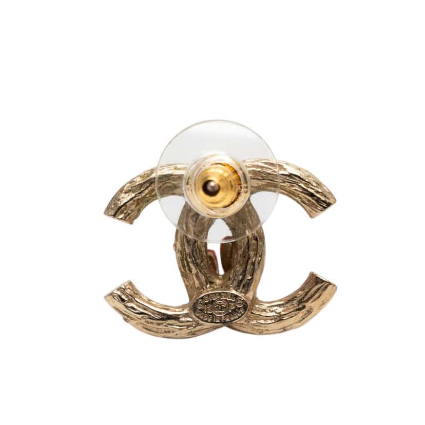 Chanel CC Gold Plated Faux Pearl Strass Push Back Earrings Gold Metal Very good condition - Inside View