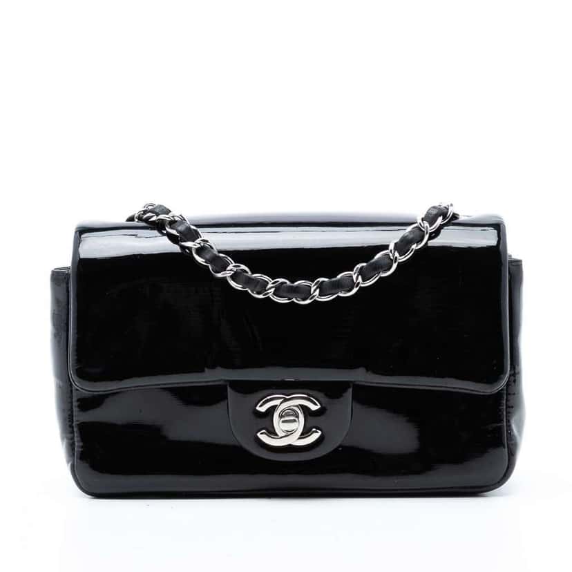 Chanel Mini Rectangular Classic Pure Patent Single Flap Black Leather Very good condition - Front View
