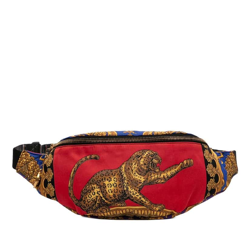 Versace Leopard Baroque Printed Nylon Belt Bag Red Very good condition - Front View