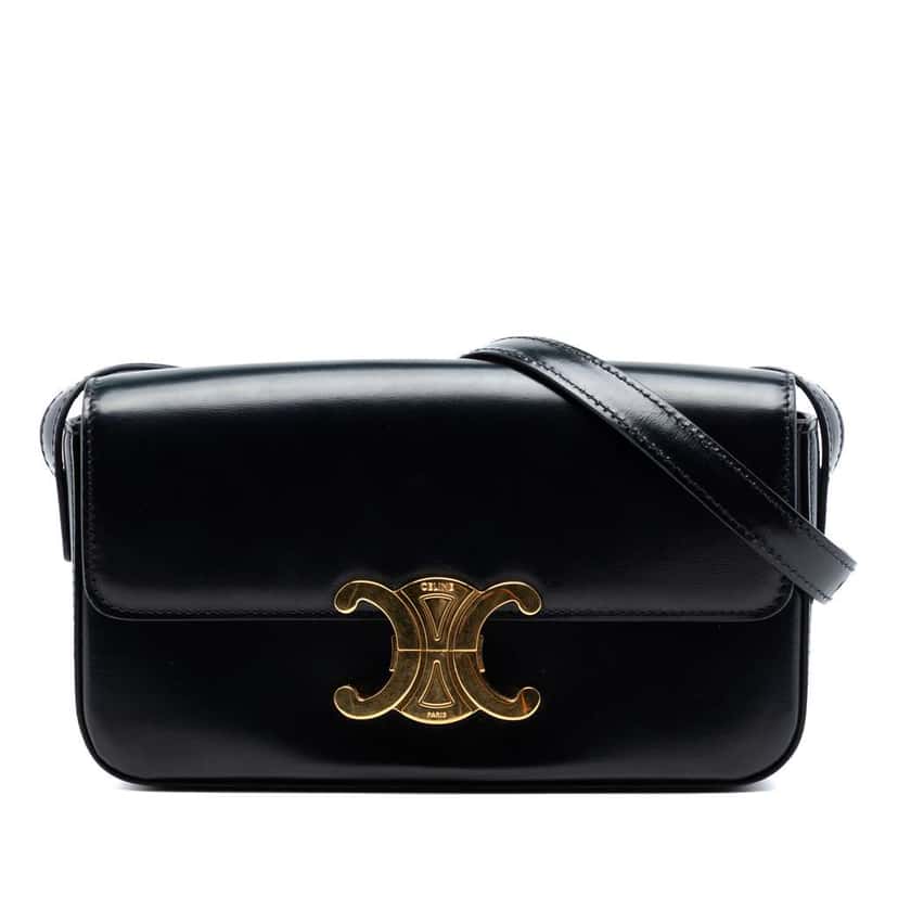 Celine Shiny Calfskin Triomphe Claude Shoulder Bag Black Leather Very good condition - Front View