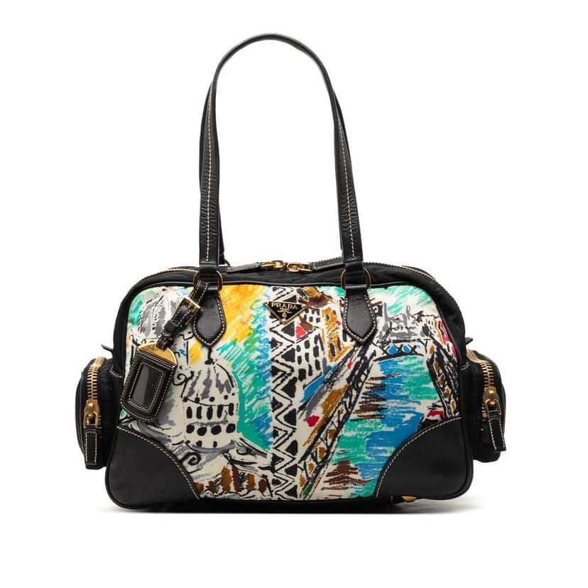 Prada Printed Canvas Venezia Shoulder Bag Black Canvas Very good condition - Front View