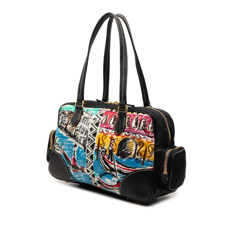 Prada Printed Canvas Venezia Shoulder Bag Black Canvas Very good condition - Back View