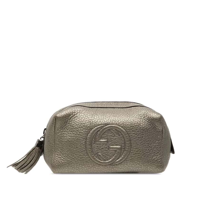 Gucci Metallic Leather Soho Cosmetic Pouch Grey Leather Very good condition - Front View