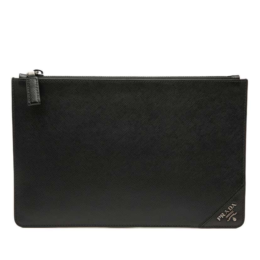 Prada Saffiano Clutch Black Leather Very good condition - Front View