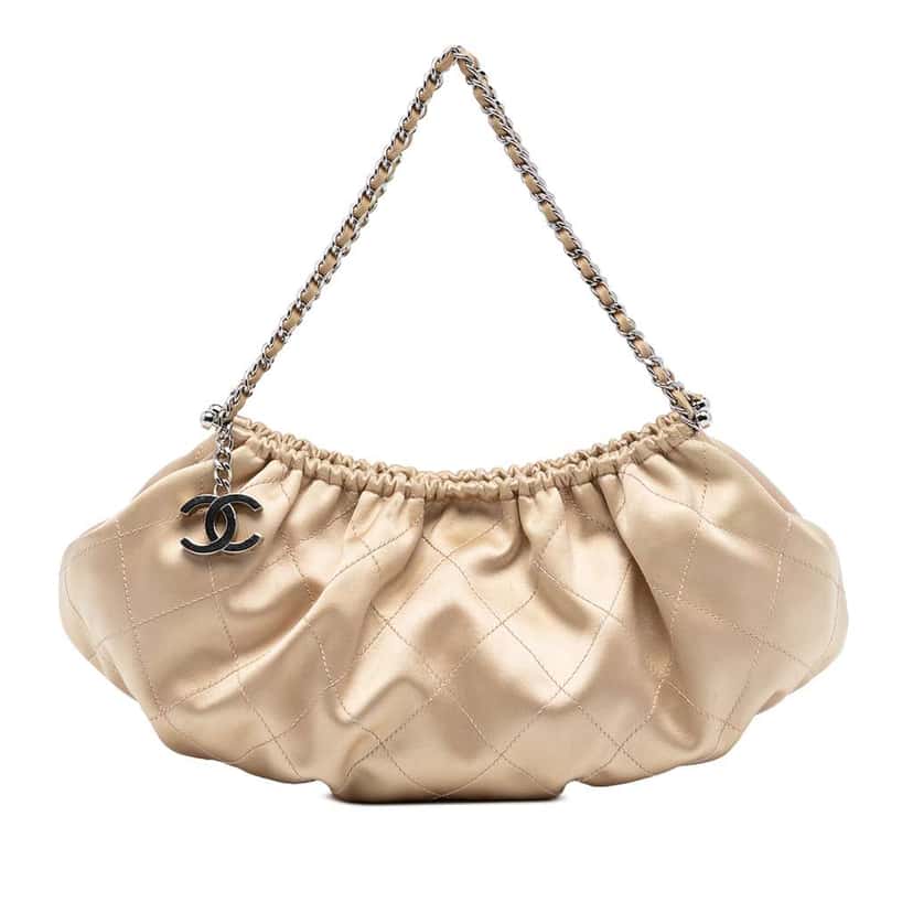 Chanel Quilted Satin CC Charm Handbag Beige Satin Very good condition - Front View