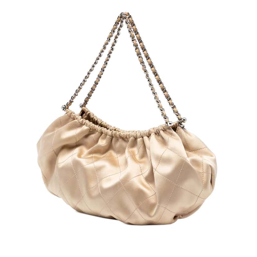 Chanel Quilted Satin CC Charm Handbag Beige Satin Very good condition - Back View