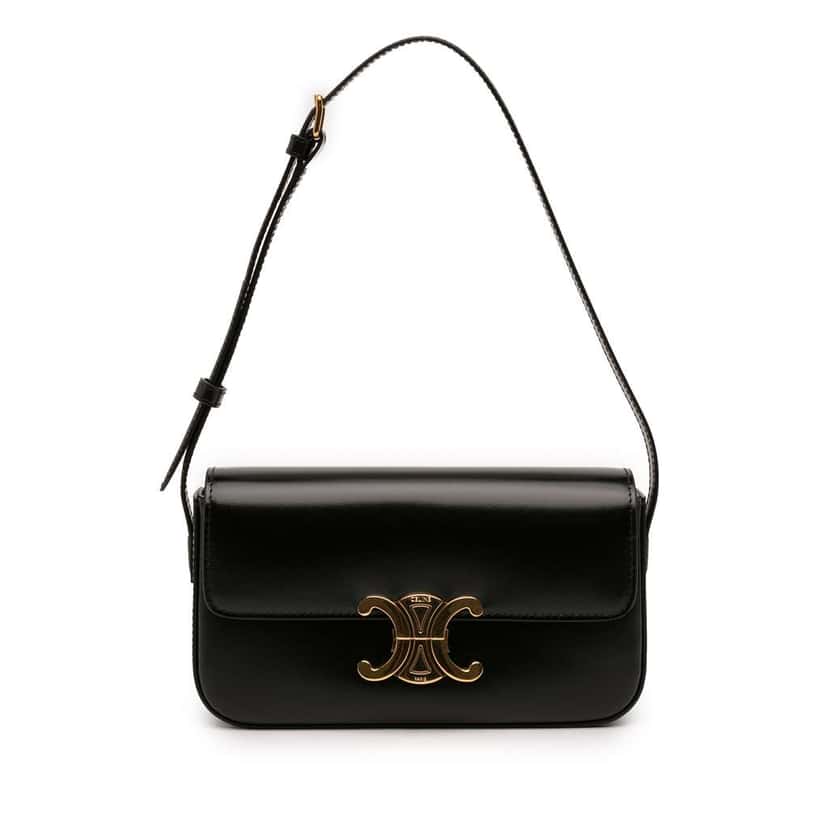 Celine Shiny Calfskin Claude Shoulder Bag Black Leather Very good condition - Front View