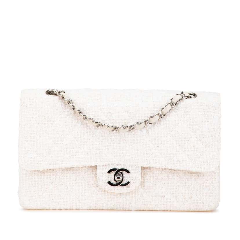 Chanel Medium Classic Tweed Double Flap White Tweed Very good condition - Front View