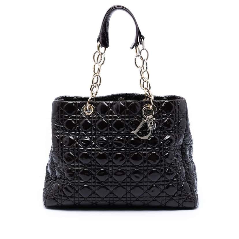 Dior Large Patent Cannage Lady Dior Soft Shopping Tote Black Leather Very good condition - Front View