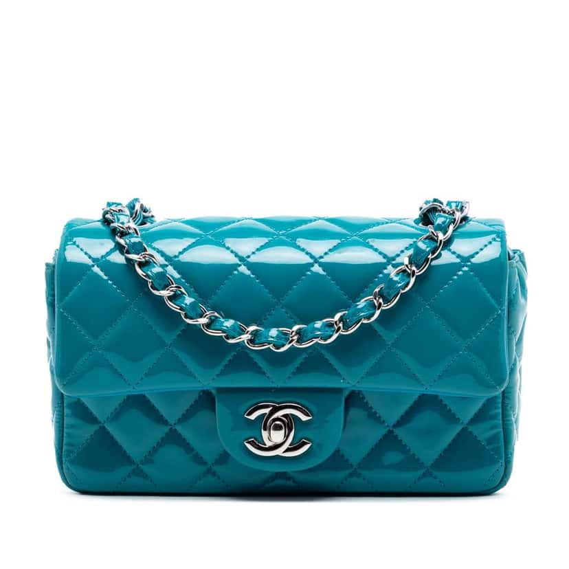 Chanel Mini Rectangular Classic Patent Single Flap Blue Leather Very good condition - Front View