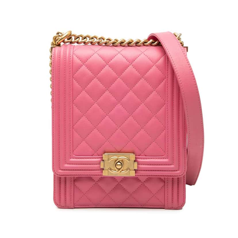 Chanel Quilted Lambskin North South Boy Flap Pink Leather Very good condition - Front View