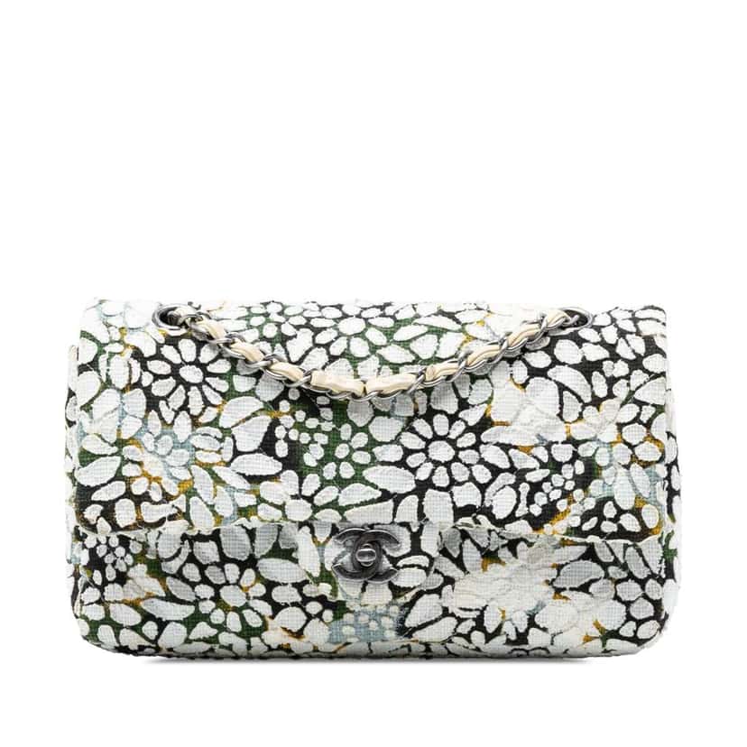 Chanel Medium Classic Chevron Tweed Floral Double Flap White Tweed Very good condition - Front View