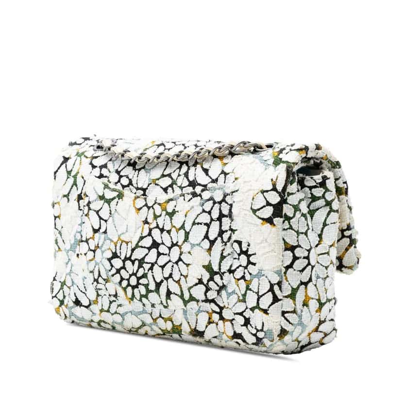 Chanel Medium Classic Chevron Tweed Floral Double Flap White Tweed Very good condition - Back View