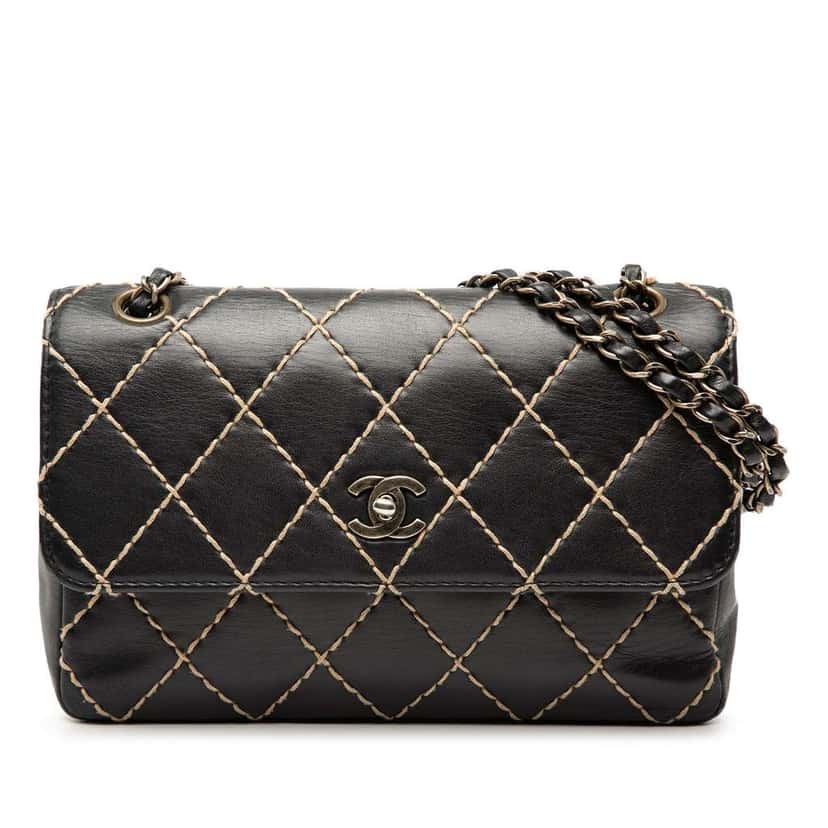 Chanel CC Calfskin Wild Stitch Flap Black Leather Very good condition - Front View