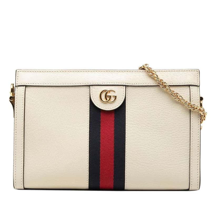 Gucci Small Calfskin Web Ophidia Chain Crossbody White Leather Very good condition - Front View