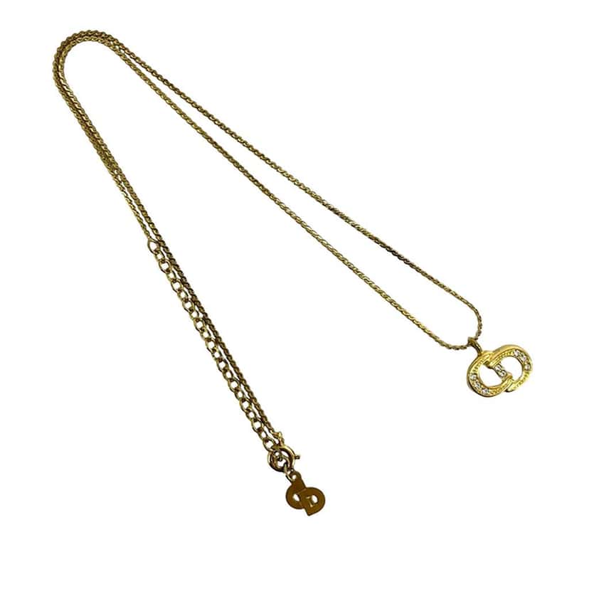 Dior Gold Plated Strass CD Logo Pendant Necklace Gold Metal Very good condition - Front View
