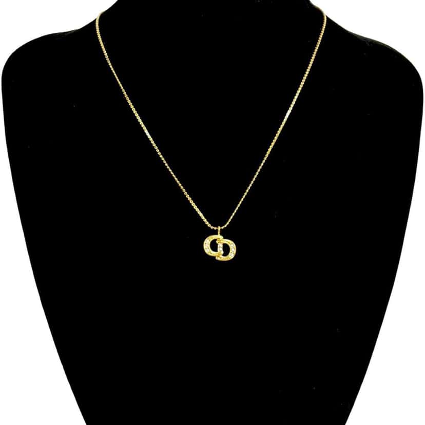 Dior Gold Plated Strass CD Logo Pendant Necklace Gold Metal Very good condition - Box View