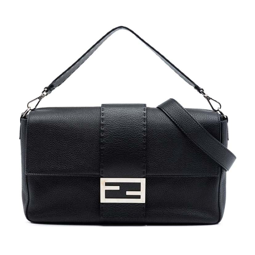 Fendi Large Leather Selleria Convertible Baguette Satchel Black Leather Very good condition - Front View