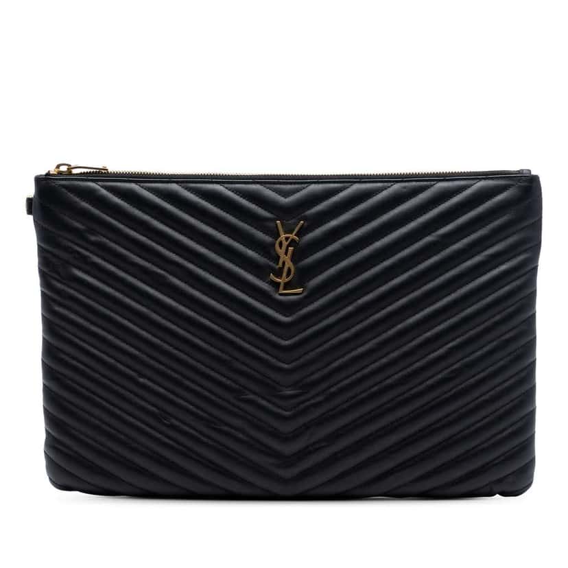 Saint Laurent Quilted Chevron Leather Monogram Document Holder Black Leather Very good condition - Front View