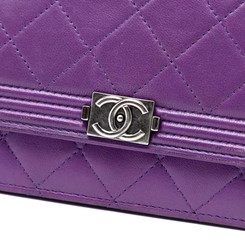 Chanel Quilted Lambskin Boy Wallet on Chain Purple Leather Very good condition - Box View
