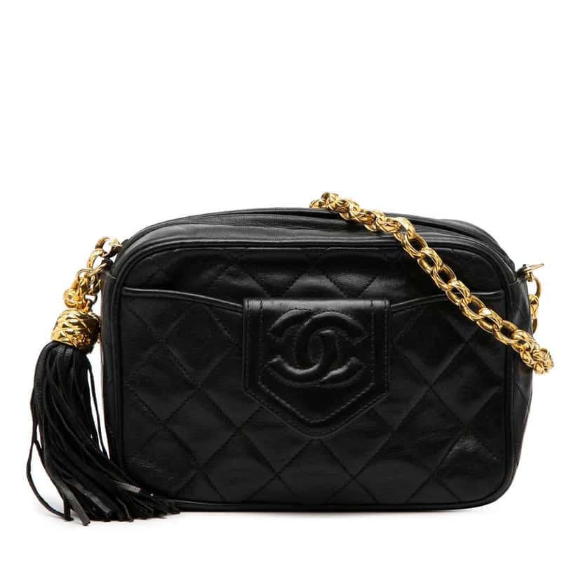 Chanel CC Quilted Lambskin Tassel Camera Bag Black Leather Very good condition - Front View