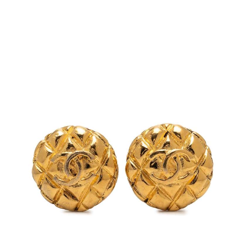 Chanel Gold Plated CC Quilted Round Clip On Earrings Gold Metal Very good condition - Front View