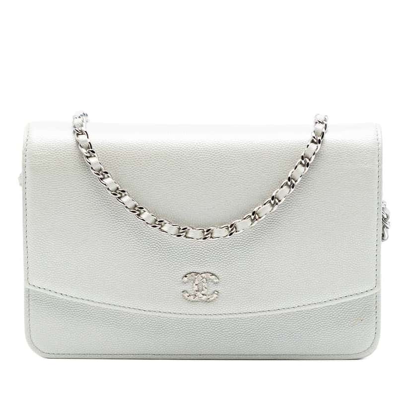 Chanel CC Caviar Sevruga Wallet On Chain White Leather Very good condition - Front View