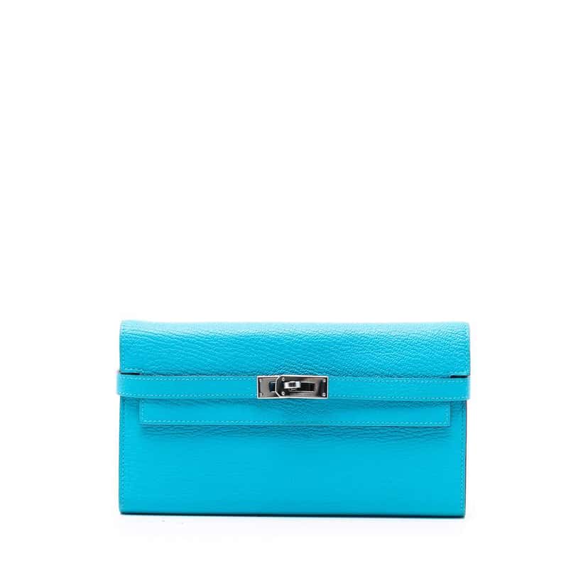 Hermès Chevre Mysore Kelly Longue Wallet Blue Leather Very good condition - Front View